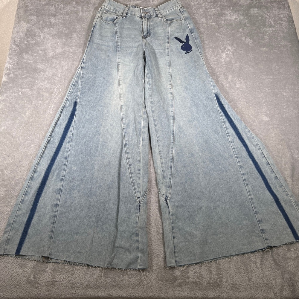 Playboy Wide Leg Flare Jeans Womens Size 3 Blue Light Wash‎ Retro Bunny Gogo
